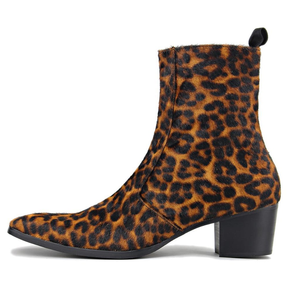 OSSTONE Men Chelsea Ankle Boots Leather Leapord Heeled Boots With Side Zipper Cuban Heel Dress Boots Disco Shoes OS-JY012