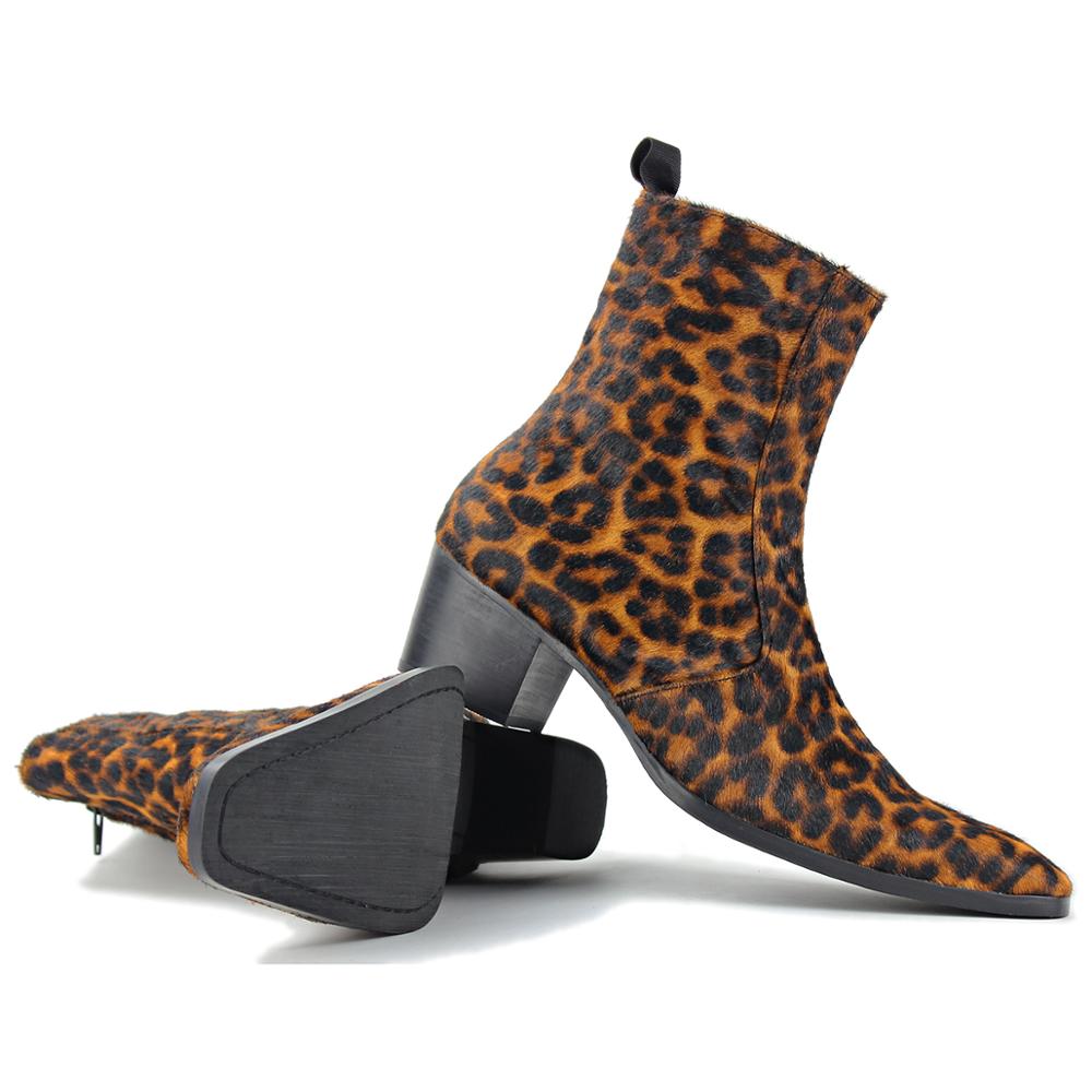 OSSTONE Men Chelsea Ankle Boots Leather Leapord Heeled Boots With Side Zipper Cuban Heel Dress Boots Disco Shoes OS-JY012